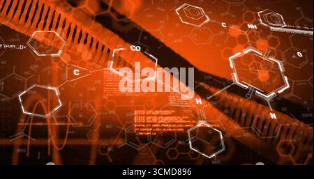 Displaying diagonal tubular structure across lab panel, with hexagonal rings labeled C H NH CO Stock Photo