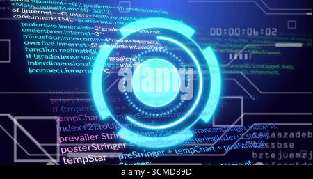 Displaying concentric holographic interface on virtual screen, code lines and flowchart connectors Stock Photo