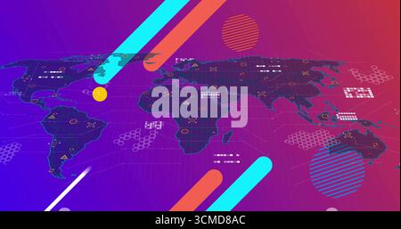 Displaying styled world map on data dashboard with hexagonal clusters and colored diagonal bars Stock Photo
