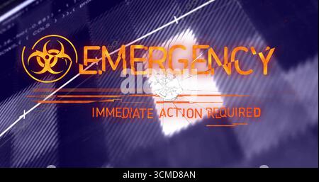 Displaying alert screen on control panel, with biohazard icon, EMERGENCY: IMMEDIATE ACTION REQUIRED Stock Photo
