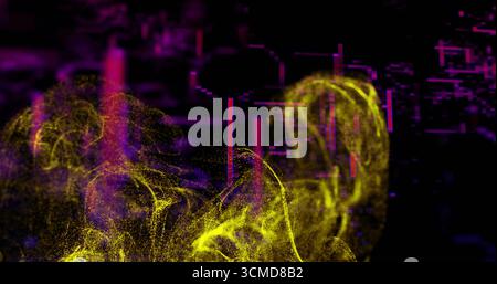 Swirling yellow particle cloud forming wave shapes in digital space, with magenta glitch bars Stock Photo