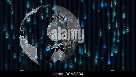 Revealing 3D globe unfolding in cyber interface and cascading binary streams showing blue region Stock Photo