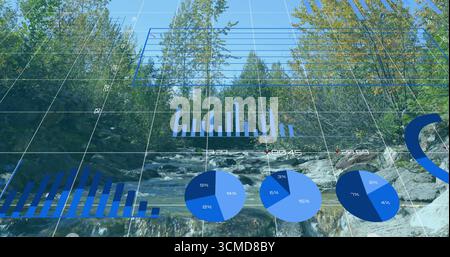 Flowing creek cascading over rocks amid forest with 3D grid displaying blue bar and pie charts Stock Photo