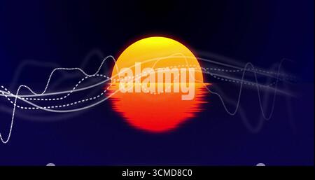 Glowing gradient orb casting yellow red glow in abstract space, with white dotted dashed waveforms Stock Photo