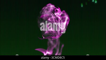 Swirling purple particle cloud floating in data display, with dot matrix and binary digits Stock Photo
