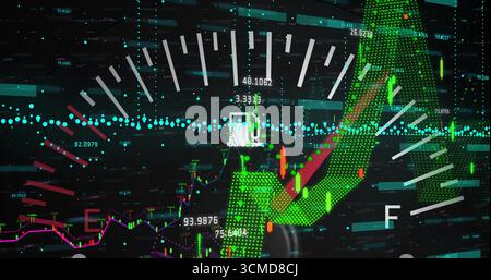 Displaying green upward arrow and gauge on digital dashboard with candlesticks and magenta graph Stock Photo