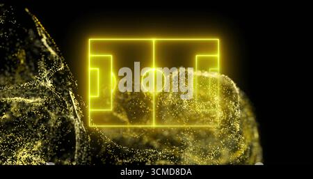 Floating neon yellow soccer field outline hovering in digital void, with swirling gold clouds Stock Photo