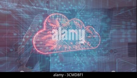 Floating red cloud icon showing circuit lines in virtual space with grid-lines, floating code Stock Photo