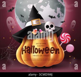 Halloween clipart with pumpkin in a witch hat with skull, candy corn, lollipops, bats, ghosts, and full moon. Festive vector illustration for spooky g Stock Vector