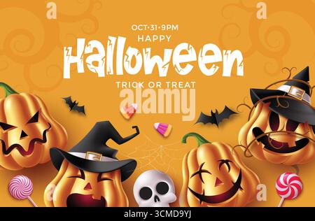 Halloween clipart featuring smiling pumpkins with witch hats, candy corn, lollipops, bats, and skull on orange background. Playful vector perfect for Stock Vector