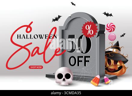 Creepy Halloween promotion template with a tombstone, 50% off text, pumpkin in witch hat, skull, bats, candy and spider web. Ideal for Halloween sale Stock Vector