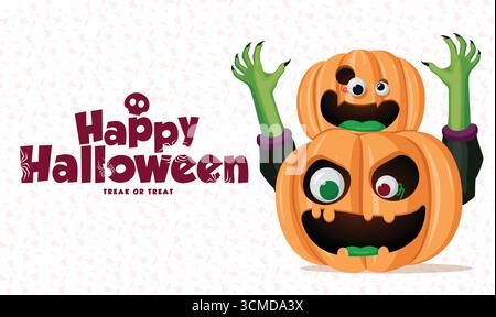 Playful Halloween vector with stacked pumpkins, goofy eyes, witch hands, and festive Happy Halloween greeting text. Great for greeting cards, invitati Stock Vector