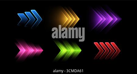 Glowing colorful arrows, dynamic glowing pointers, fast motion concept. Stock Vector