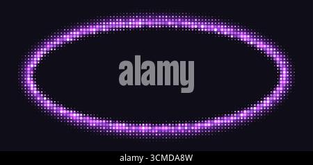 Purple halftone frames, glowing circle borders, round pattern with dots, radial disco luxury design element. Stock Vector