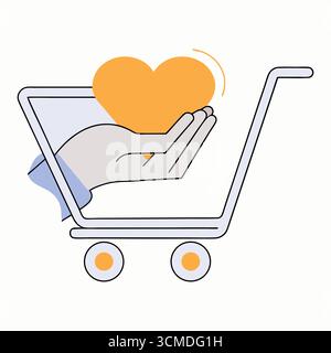Hand holding heart in shopping cart illustration Stock Vector