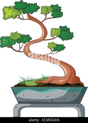 Stylized bonsai tree with twisted trunk, lush foliage, and gray ceramic pot, flat vector style Stock Vector