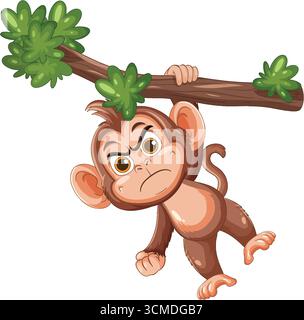 Colorful cartoon vector of a frowning monkey gripping a leafy branch, bold lines, isolated. Stock Vector