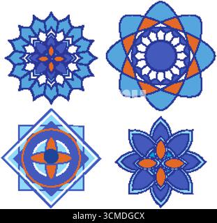 Four intricate blue and orange geometric floral motifs in Middle Eastern vector illustration style Stock Vector