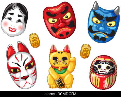 Colorful vector illustration of Japanese masks, maneki-neko, daruma doll, and gold coins on white Stock Vector