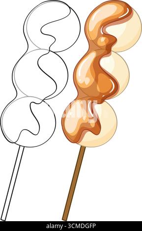 Three rice dumplings on a stick with sweet soy glaze, flat vector style, clean lines Stock Vector