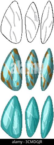 Polished turquoise gemstones in vector style, various stages, clean lines, vibrant blue-green hues Stock Vector