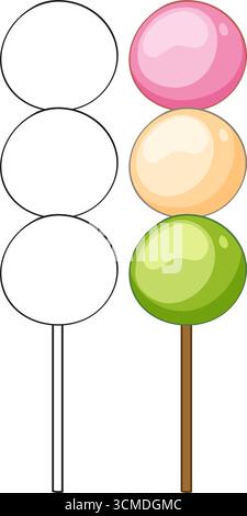 Three-color Japanese dango skewers, flat vector style, clean outlines, simple composition, white background Stock Vector