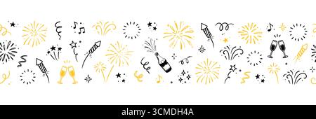 New year firework background. Hand drawn festive background with doodle firework, star and confetti sketch for birthday, party or new year design. Doodle party festive pattern. Vector illustration Stock Vector
