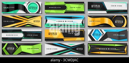 Vector set of Header Templates, 12 vivid colorful headers with empty copy space for ad text on dark background, twelve abstract banners for internet s Stock Vector