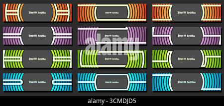 Vector set of Header Templates, 12 vivid variety colors headers with curve stripes on black background for ad text, twelve horizontal banners with for Stock Vector