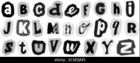 Black halftone alphabet. Retro pixelated different letters design. Comic pop art cut out font. Grunge textured dotted abc. Old newspapers typography set. Rasterized bitmap English alphabet. Vector Stock Vector