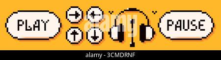 Pixel music elements. 8 bit headphones, play and pause buttons and arrows. Stock Vector