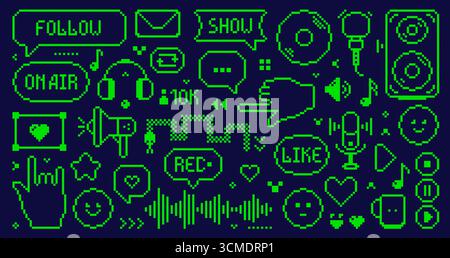 Green color set with 8 bit Y2K pixel color podcast elements. Snake, record, stereo, audio, microphone, emoji. Stock Vector