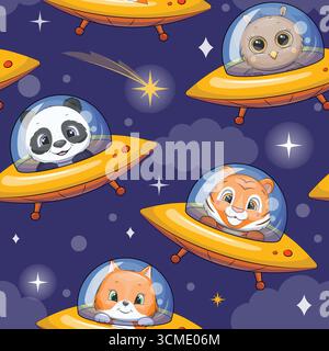 Seamless pattern of cute cartoon spaceships with different animals in space. Night vector illustration with panda, owl, tiger and fox in UFO on dark b Stock Vector