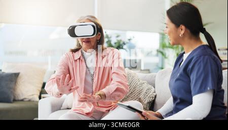 Doctor, senior woman or virtual reality in nursing home for cognitive simulation or healthcare. Nurse, elderly or female person in retirement center Stock Photo