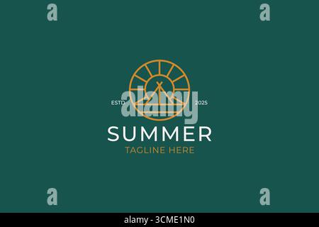 Logo Badge of Summer Camp with Illustration Abstract Linear Tent and Sunrise Stock Vector