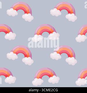 Bright seamless pattern with pink and orange rainbows surrounded by fluffy white clouds on a soft blue background. Cute and cheerful cartoon design pe Stock Vector