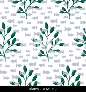 Colorful seamless underwater pattern featuring green seaweed and small gray fish swimming in simple flat design. Perfect for fabric, wallpaper, wrappi Stock Vector