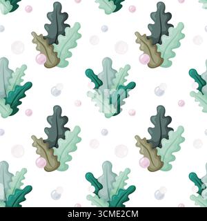 Elegant seamless pattern with green seaweed and soft bubbles on white background. Underwater inspired cartoon style design perfect for fabrics wallpap Stock Vector