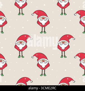 Merry Christmas pattern with red gnomes or Santa Clauses, hand drawn on beige background. Packaging, background, cover, childrens textile. Vector illu Stock Vector