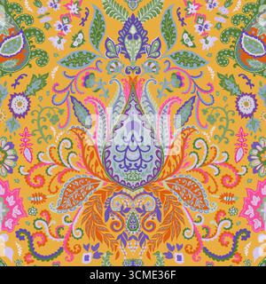 Yellow Ornamental Symmetrical Paisley Pattern Stock Vector
