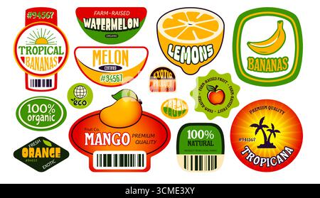 Retro farm fruit stickers set isolated on white background. Vector illustration of creative color labels for fresh watermelon, melon, orange, mango, lemon, banana, food quality badges, market stamps Stock Vector