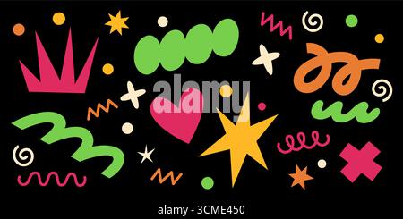 Playful abstract elements of pink heart, green cloud, orange and yellow geometric shapes, stars and spirals on black background. Vibrant set with crowns, crosses and wavy lines for festive graphics. Stock Vector