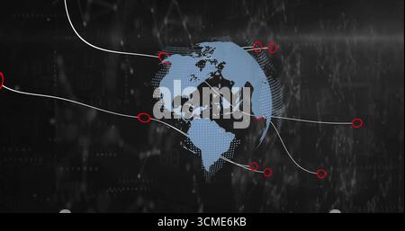 Rotating dotted globe showing network links in data matrix, with white curved lines, red nodes Stock Photo