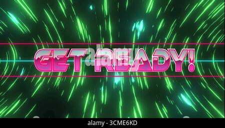 Displaying neon pink GET READY! text in neon digital space, with lines and green light streaks Stock Photo