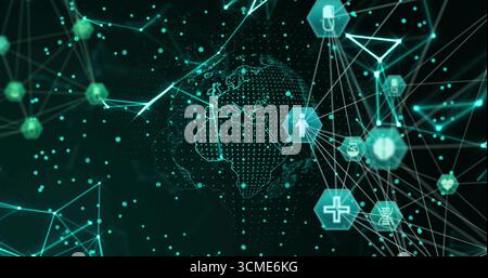 Rotating dotted globe in cyberspace network data points, with hex nodes user, padlock health icons Stock Photo