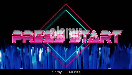 Displaying neon text 'PRESS START' glowing in retro scene, with neon diamonds and equalizer bars Stock Photo