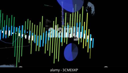 Displaying vertical bars on black interface, overlaying pie charts, globe icons and grid lines Stock Photo