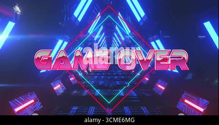 Glowing diamond neon frame enclosing pink GAME OVER text in neon-lit tunnel, with floating cubes Stock Photo