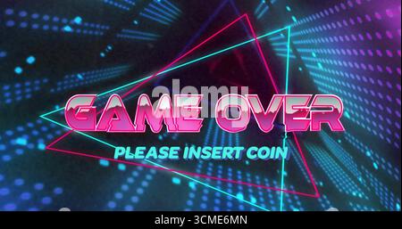 Displaying neon GAME OVER text with PLEASE INSERT COIN prompt at arcade screen, triangular frames Stock Photo
