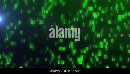Showing glowing green code blocks streaming over dark gradient backdrop, with lens flare spots Stock Photo